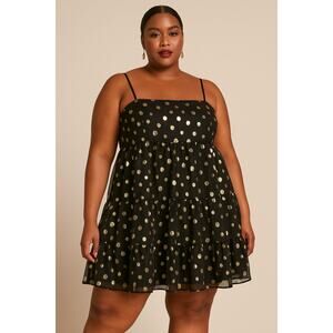 New Forever 21 Plus 3X Black Fold Metallic Polka Dot Tiered Mini Dress Party